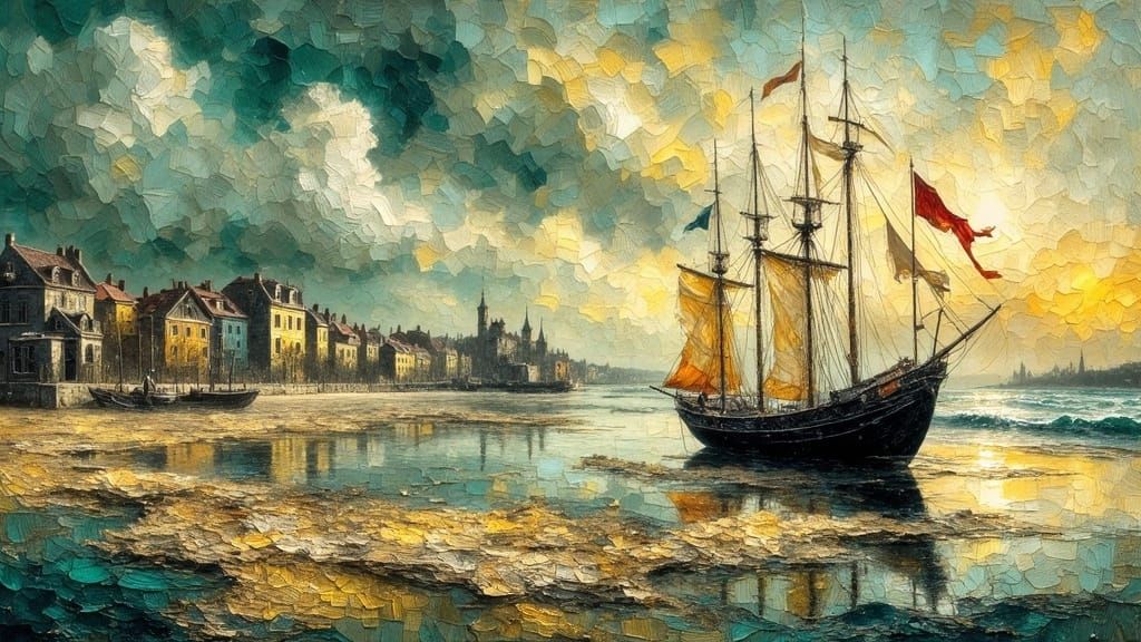 Honfleur Marine Scene in Impasto Style of Courbet