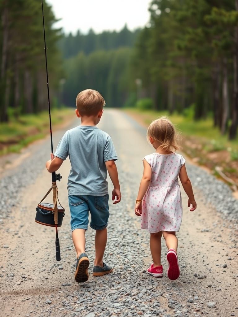 A Young Boy and Girl Walk Away from the Forest, Fishing Gear...