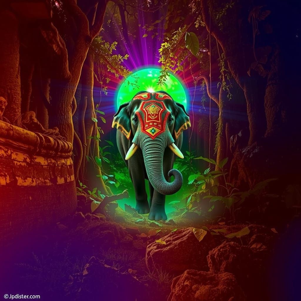 Majestic Elephant with Tribal Markings in Ancient Rainforest