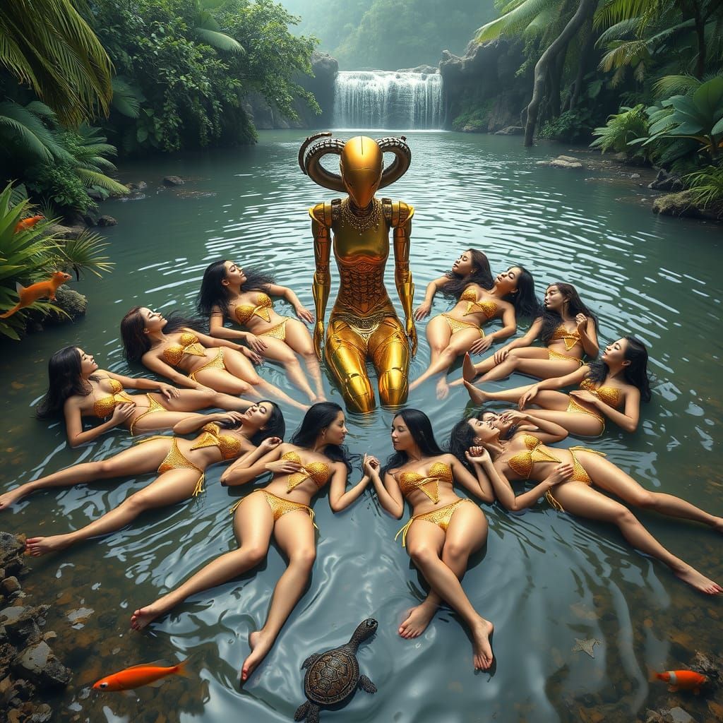 12 Women in Gold Bikinis Embrace in Tropical Jungle Paradise...
