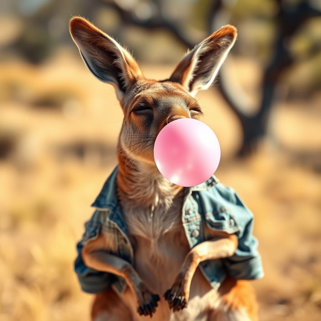Kangaroo in Casual Outback Attire Blows Pink Bubblegum Bubbl...