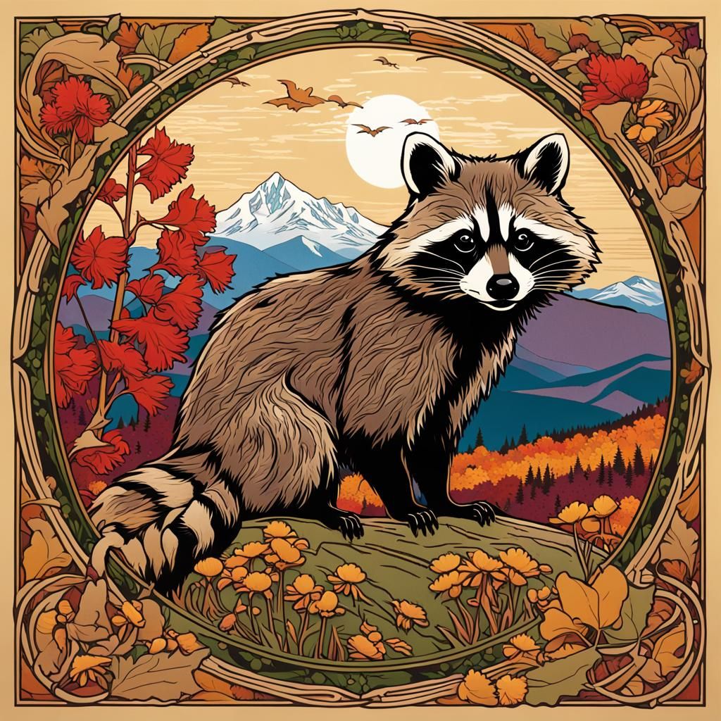 Raccoon and Chickadee Woodcut in Art Nouveau Style