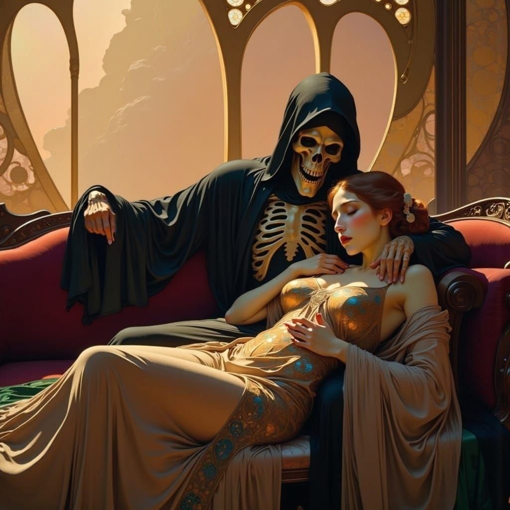 Art Nouveau Woman with Grim Reaper