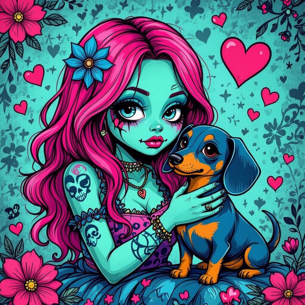 Teal Zombie Girl Petting Blue Dachshund in Comic Style