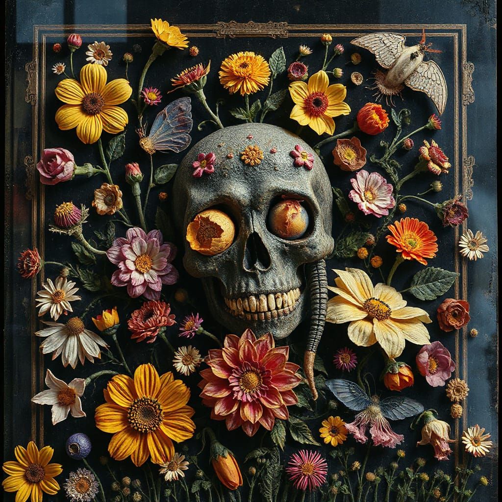 Dark Whimsical Collage with Floral Details