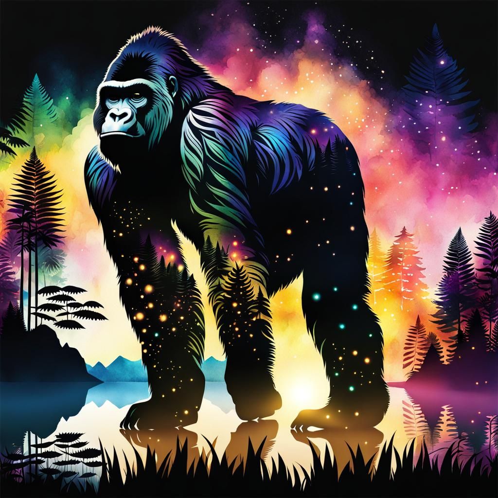 Watercolor Gorilla Double Exposure Jungle Illustration