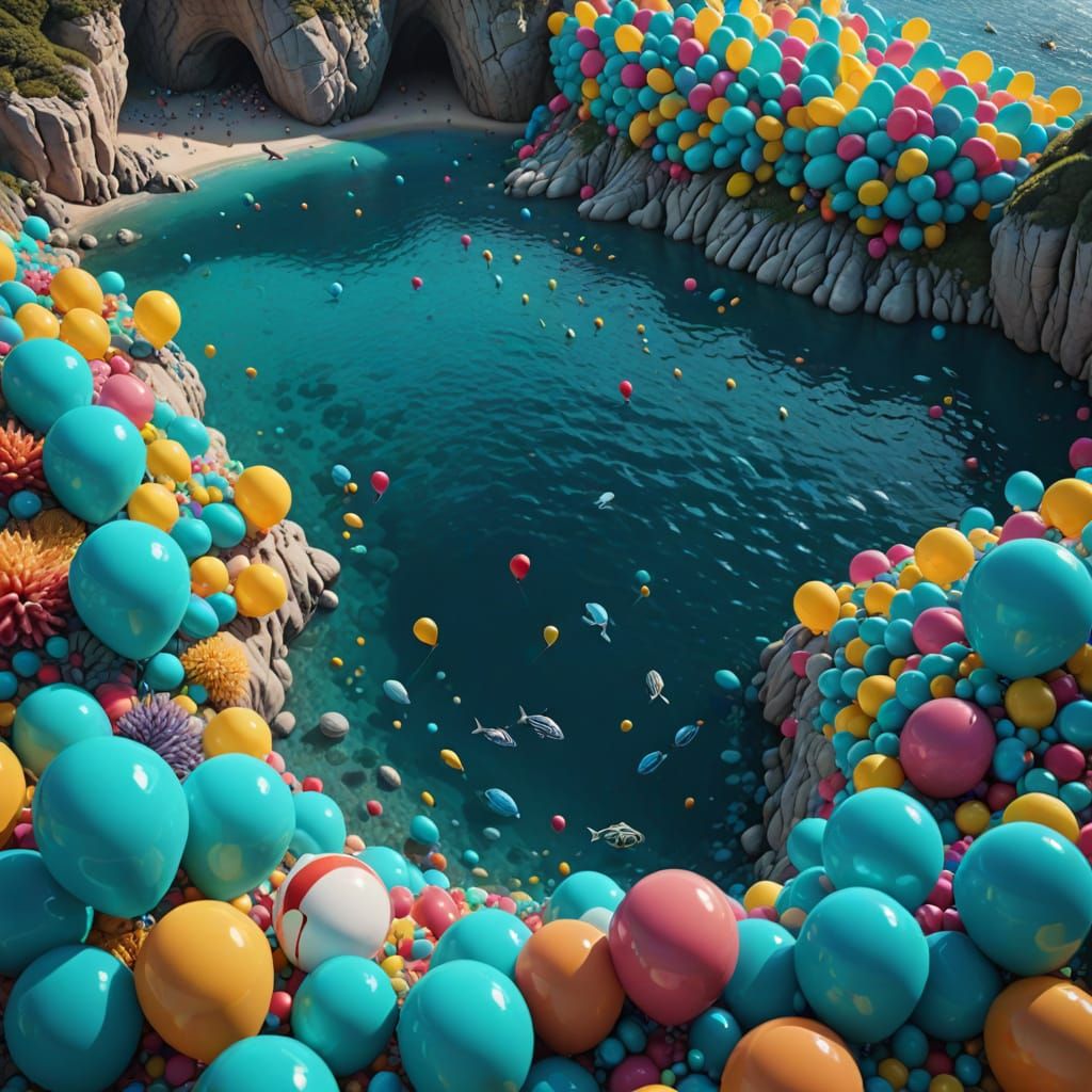 Balloon Cove: A Hyperrealistic Turquoise Ocean Dream