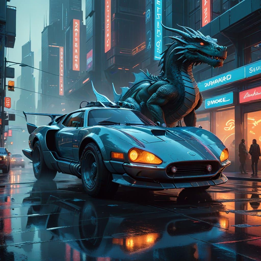 Mother Dragon Guards Young in Futuristic City Skyscraper