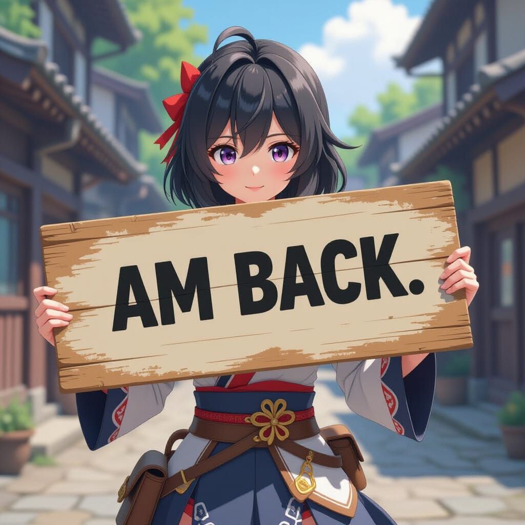 Anime Girl Holds 'Am Back' Sign in 3D Style