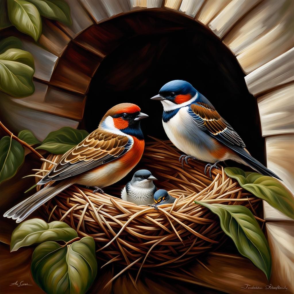 Sparrow and Swallow Nest Near Altar in Digital Oil
