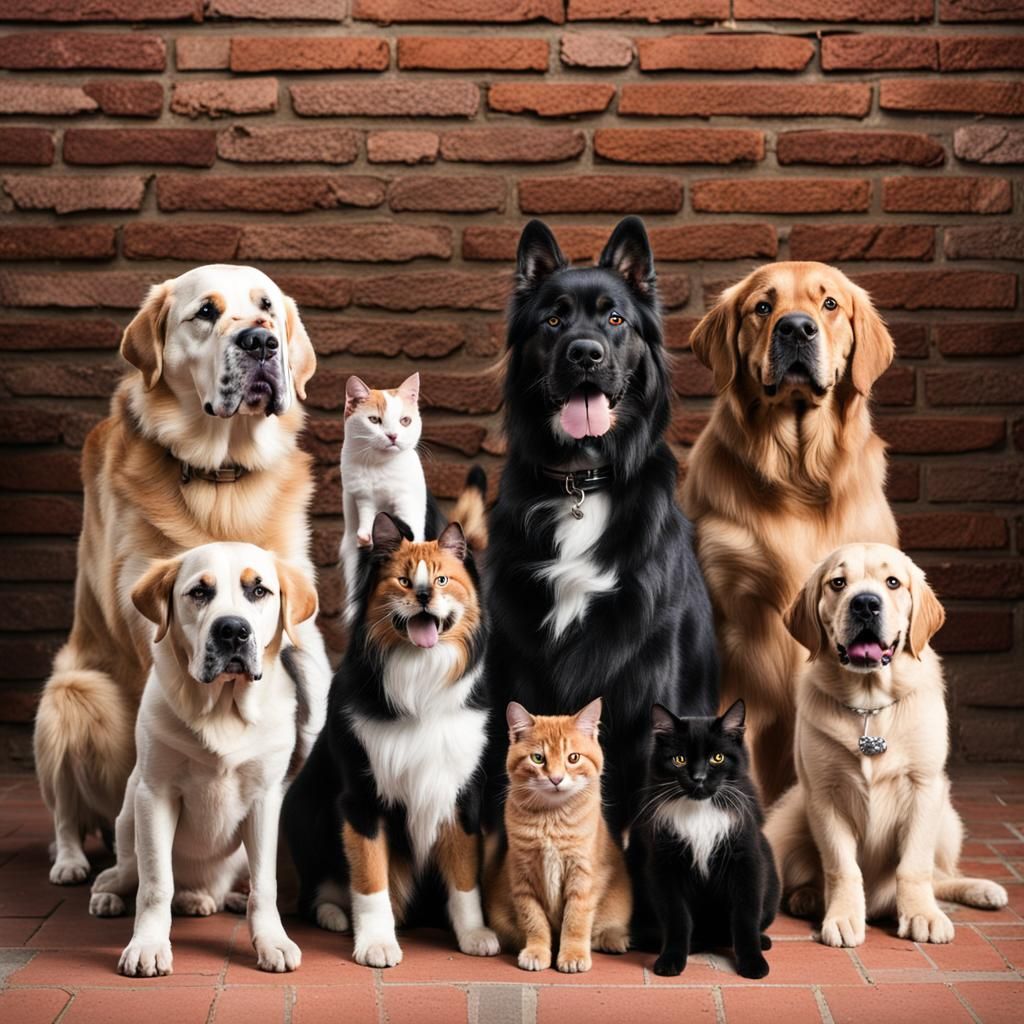 Dogs and Cat Together in Front of Brick Wall