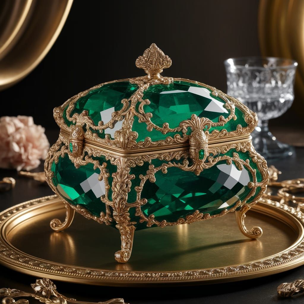 Ornate Emerald Jewelry Box with Golden Patterns