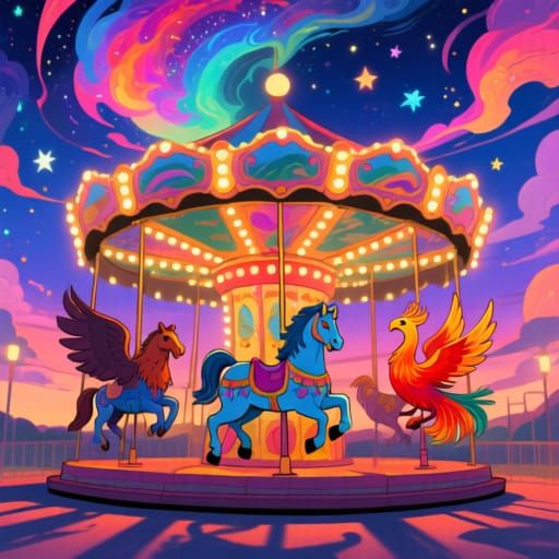 Mythical Carousel at Twilight in Cartoon Style