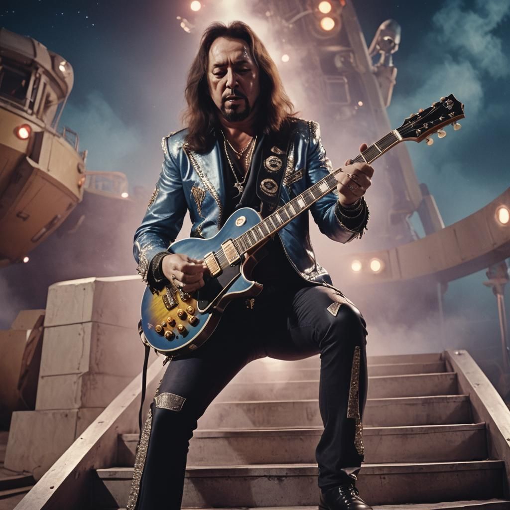 Rock Icon Plays Guitar on Rocket in Cinematic Style