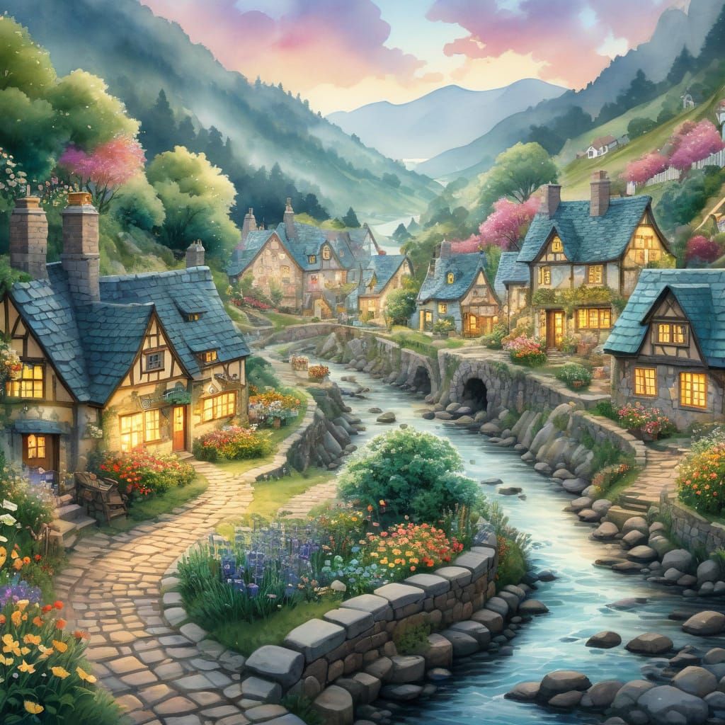 Charming Storybook Village in Watercolor Style