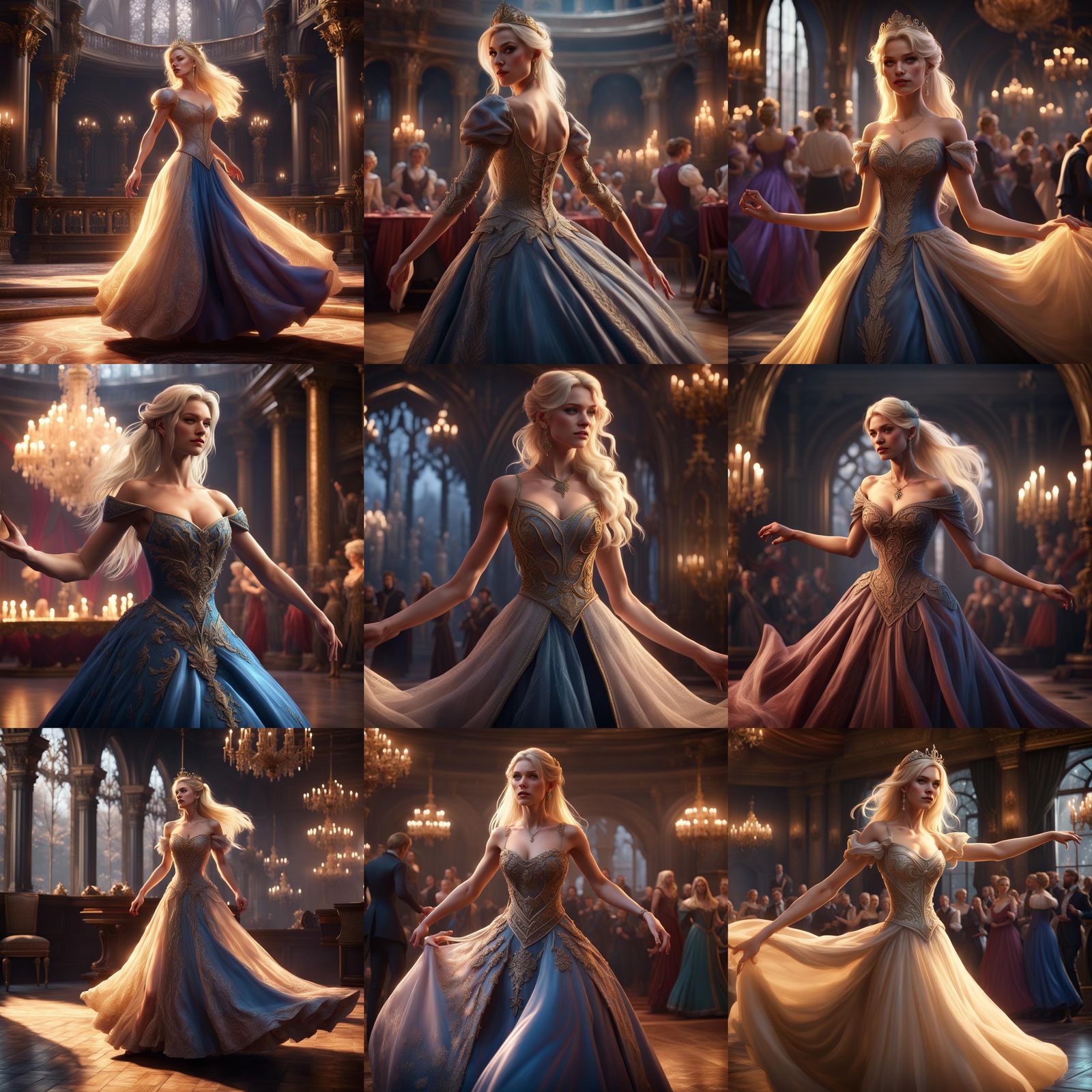 Dnd fantasy princess, blonde hair in a gown, dancing at a ball