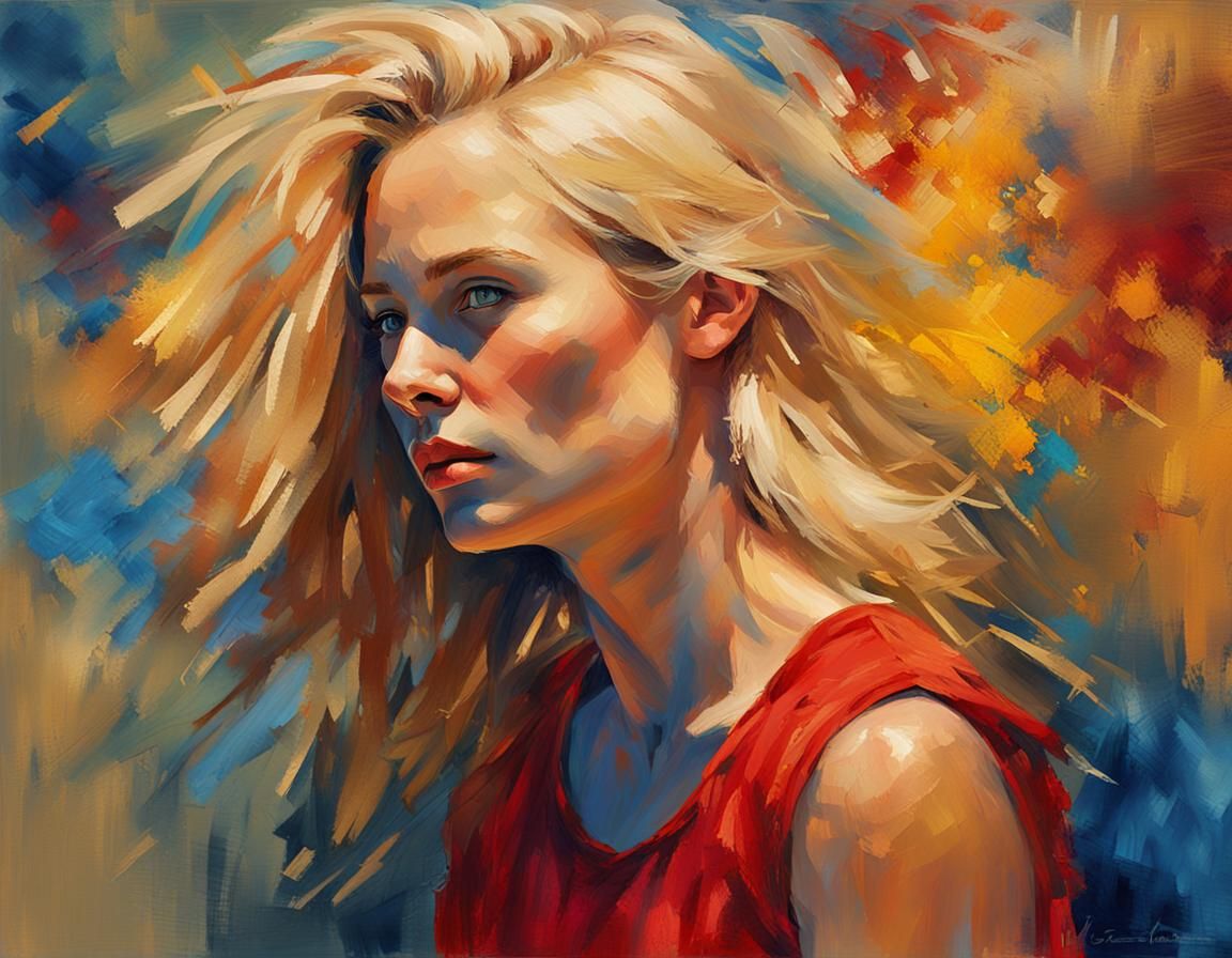 Impressionistic Portrait of Woman in Red Top