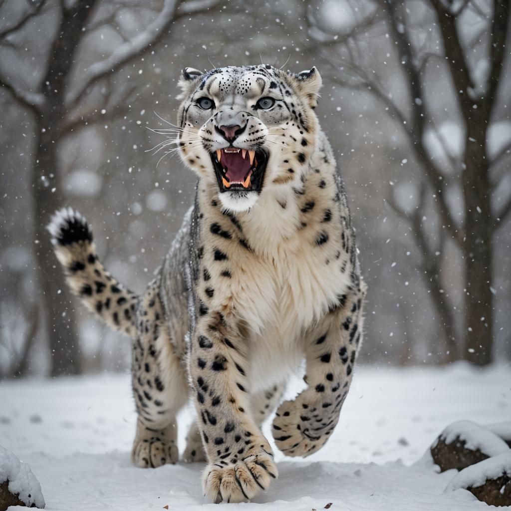 Snow Leopard Leaps in Blizzard: Wildlife Photography