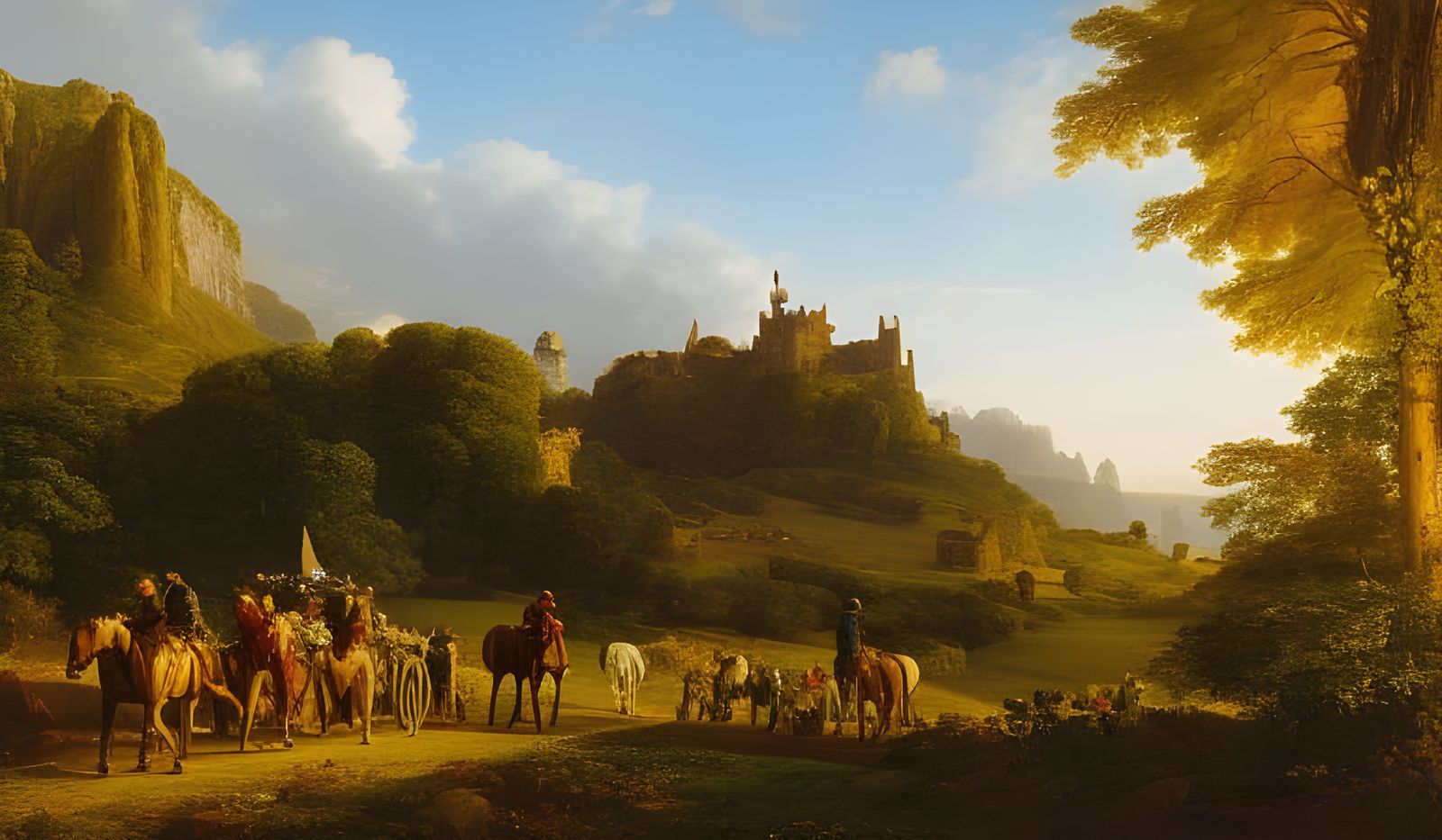 Knights Depart Castle in Golden Hour Landscape