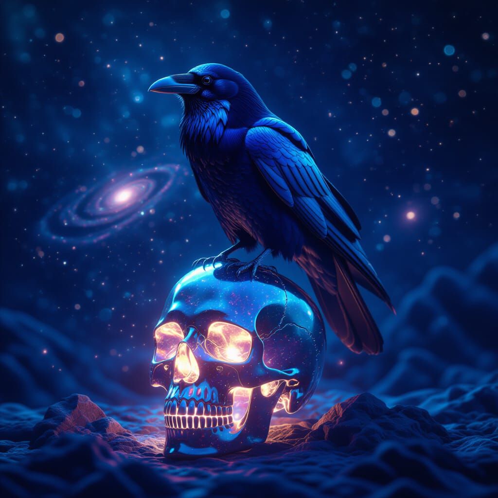Majestic Nebula Raven on Cosmic Skull