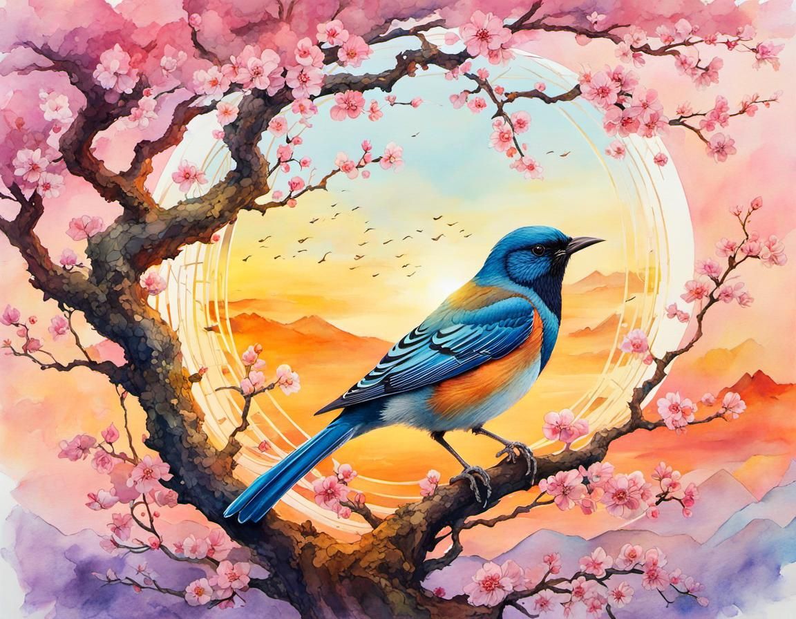 Blossom Bird Tree Double Exposure Digital Watercolor