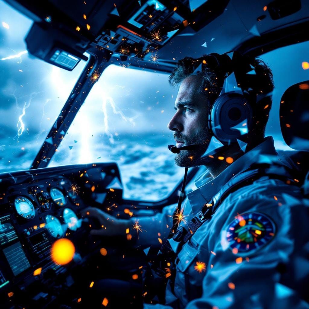 Coast Guard Pilot Amidst Storm, Digital Glitch Art