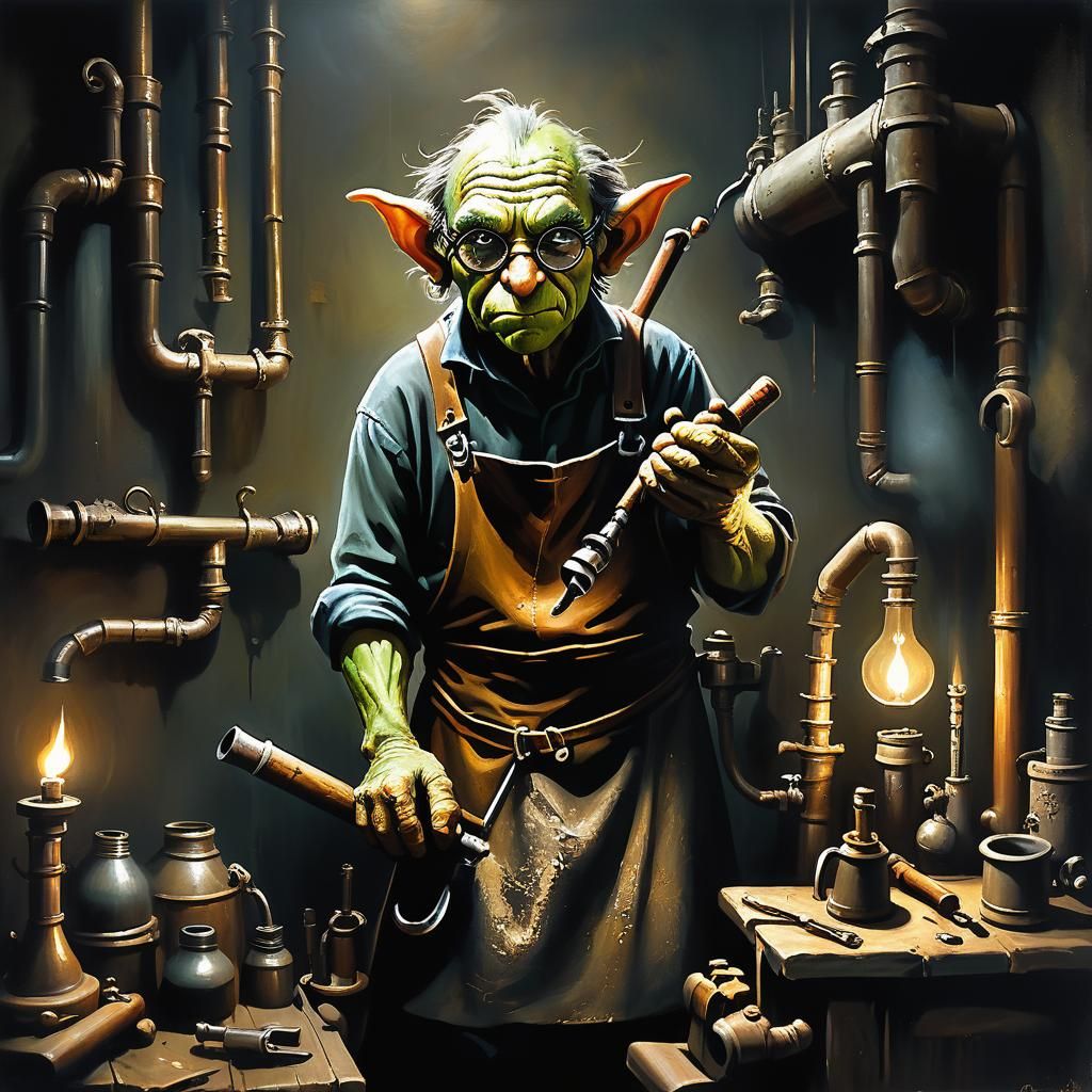 Goblin Plumber Inspecting Pipes in Dark Fantasy Oil Painting