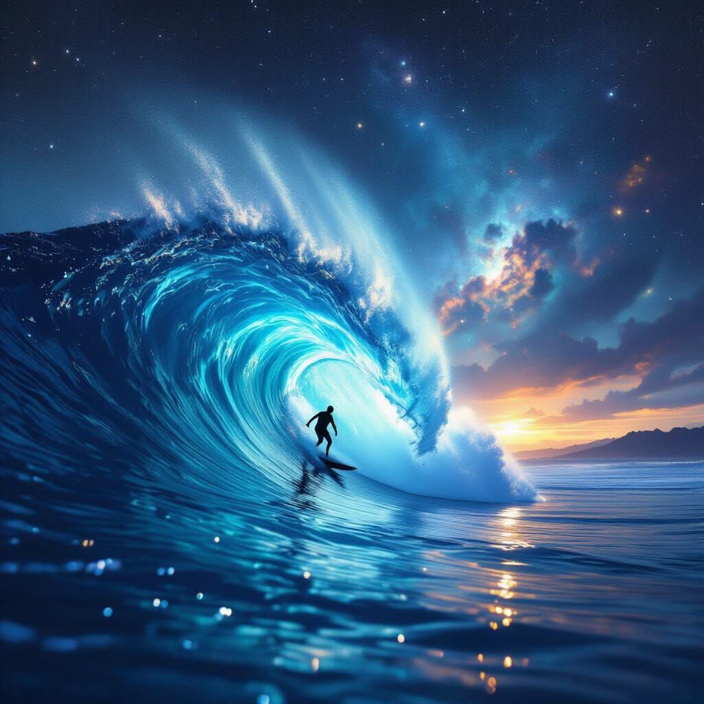 Surfer Rides Cosmic Wave Under Starlit Nebulae