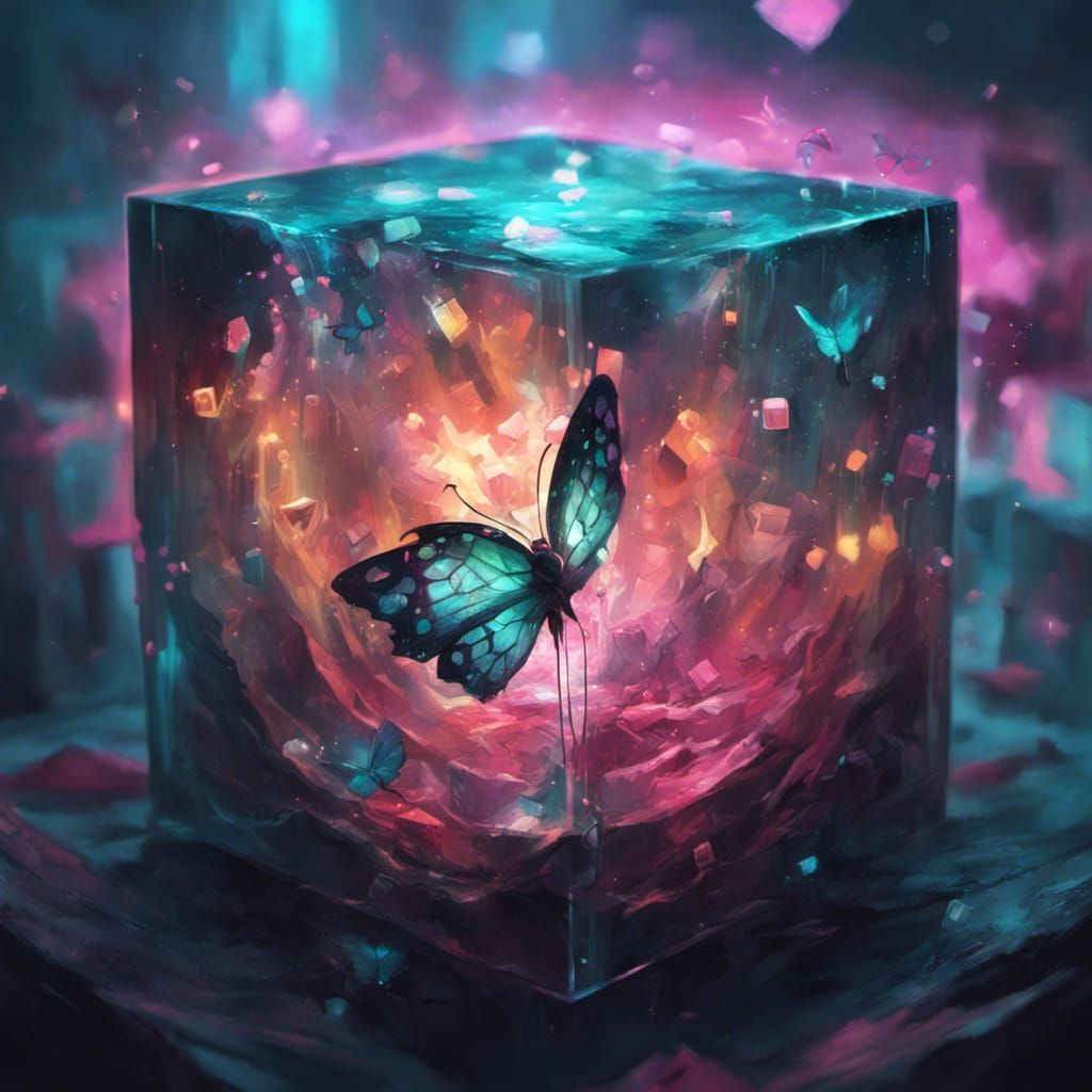 Glowing Cube with Butterfly in Digital Art Style