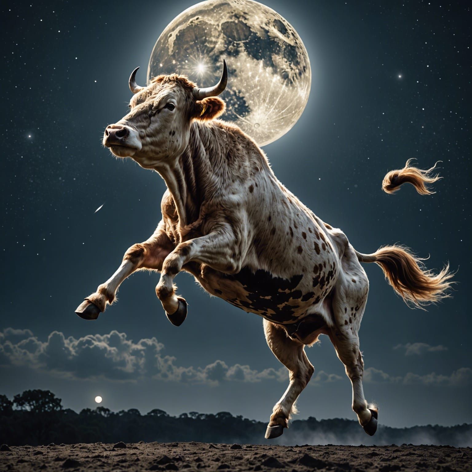 Hyperrealistic Cow Jumps Over the Moon in HDR