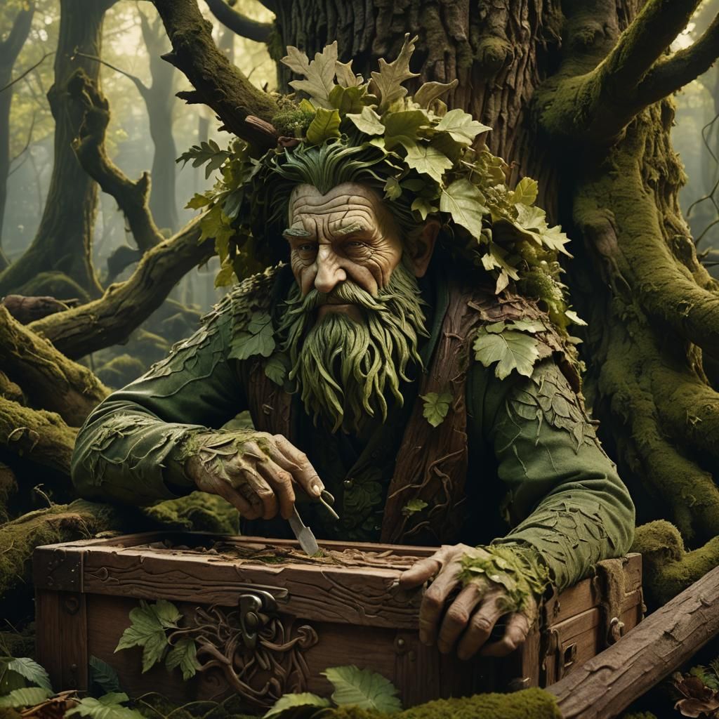 Green Man Wood Carving in Forest, Matte Painting