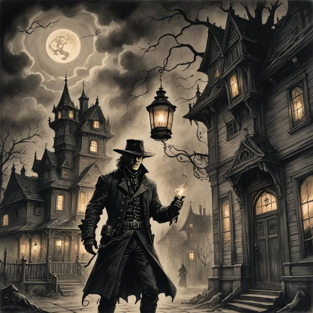 Van Helsing and Haunted House in Charcoal