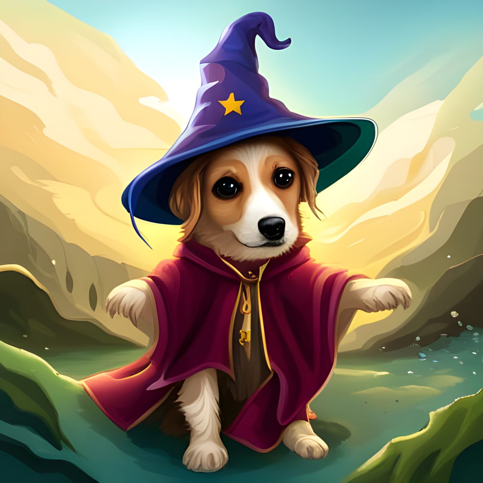 Adorable Puppy Wizard with Oversized Hat