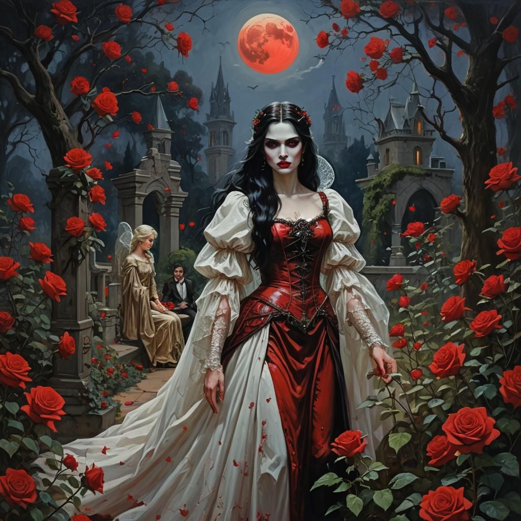 Vampire Princess and Angel in Rose Garden Painting