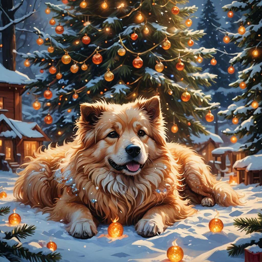 Dog by Christmas Tree in Vibrant Oil Painting Style