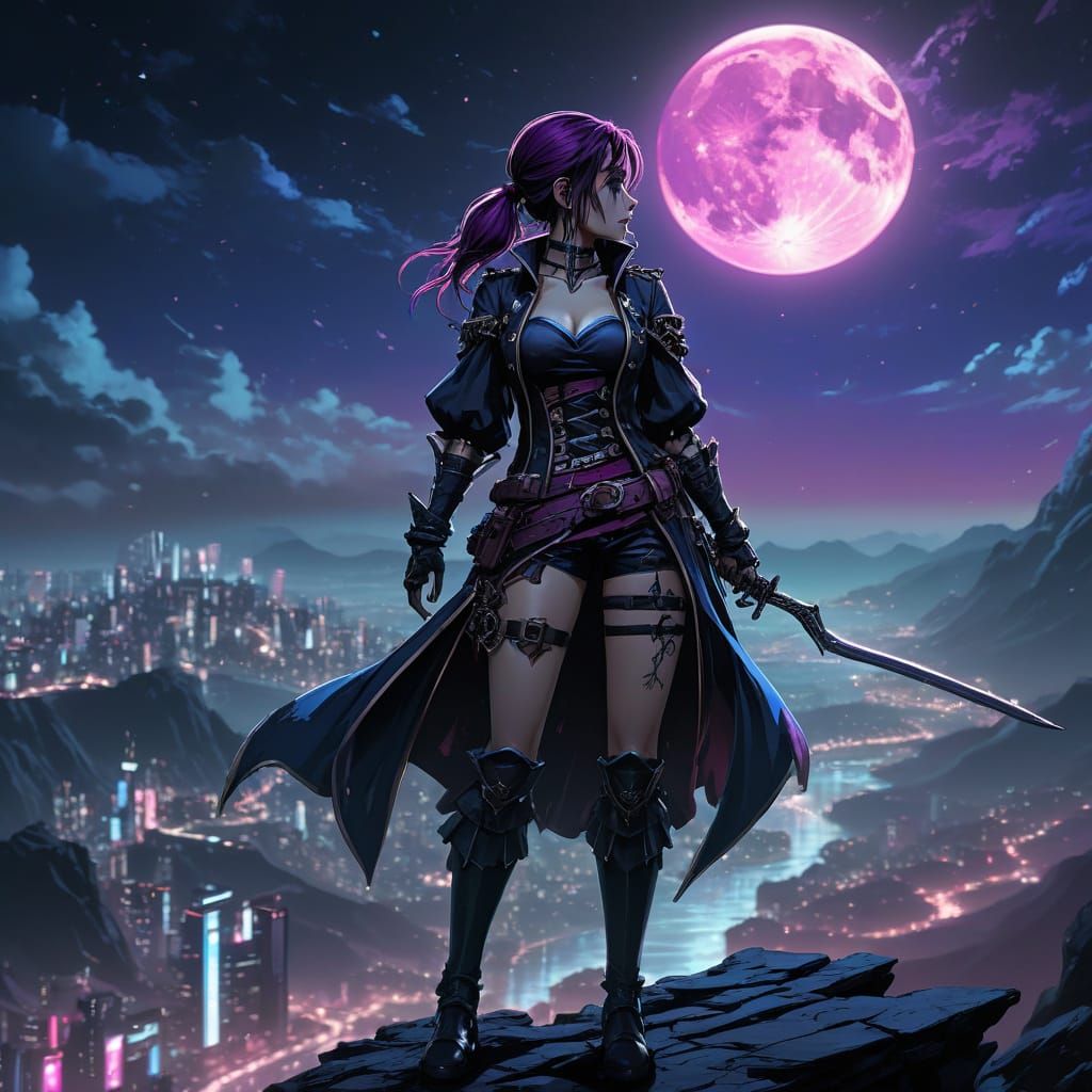 Young Pirate Assassin Amidst Futuristic Cityscape in Vibrant...