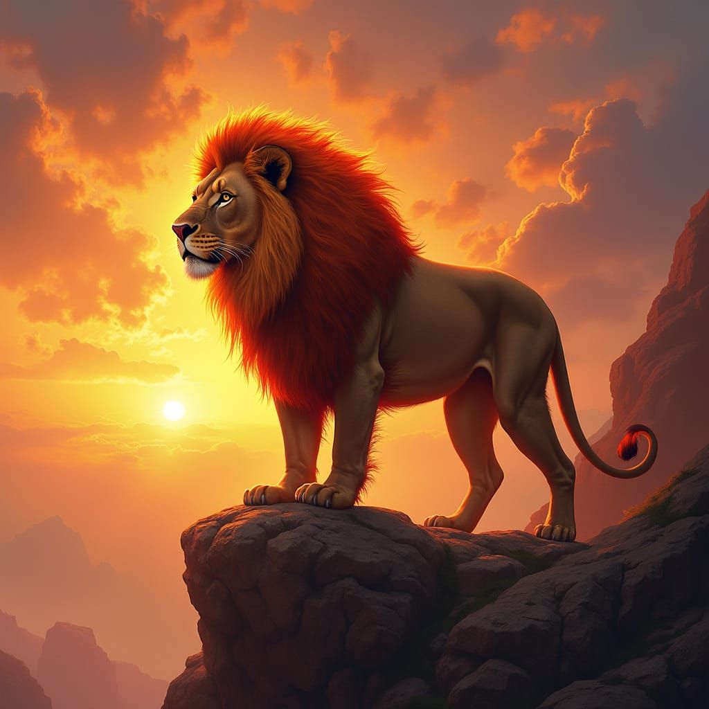 Majestic Lion with Fiery Mane on Cliff at Sunset