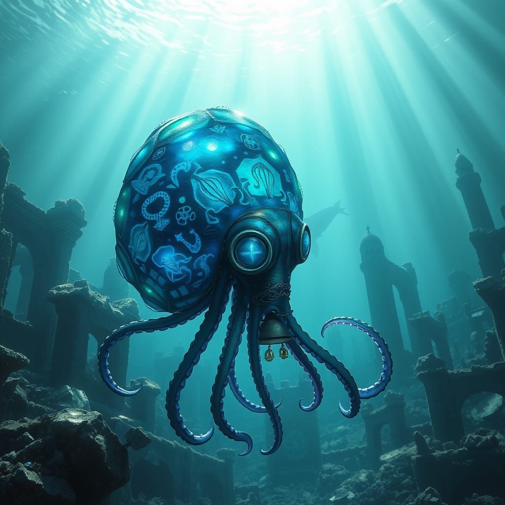 Bioluminescent Squid Exploring Sunken City Ruins