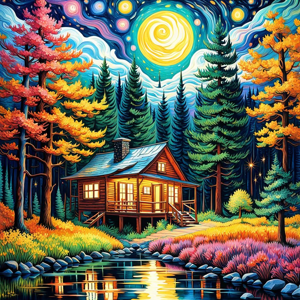 Kaleidoscopic Glampunk Forest Landscape with Starry Sky