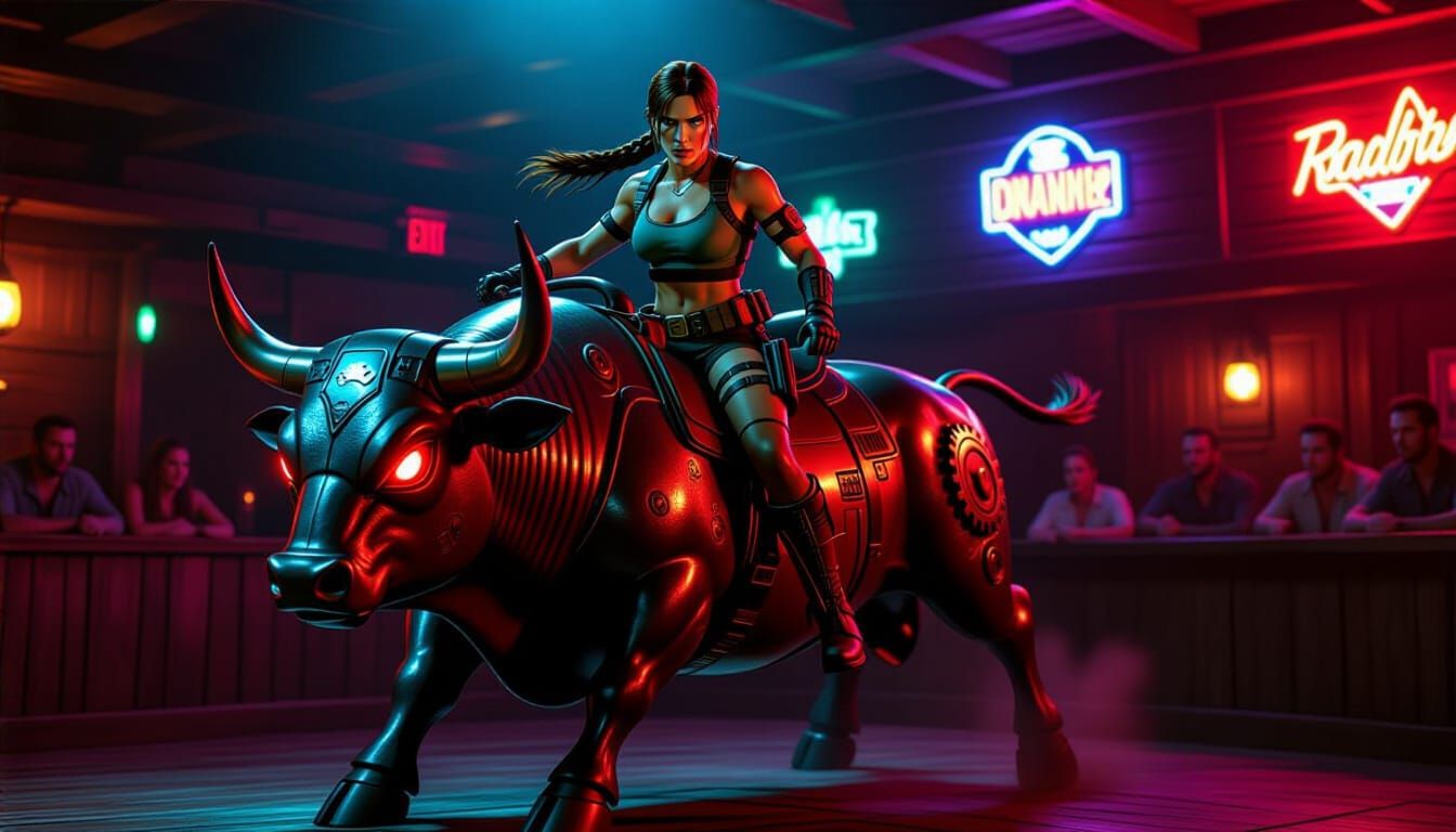 Lara Croft Rides Mechanical Bull in Neon Bar