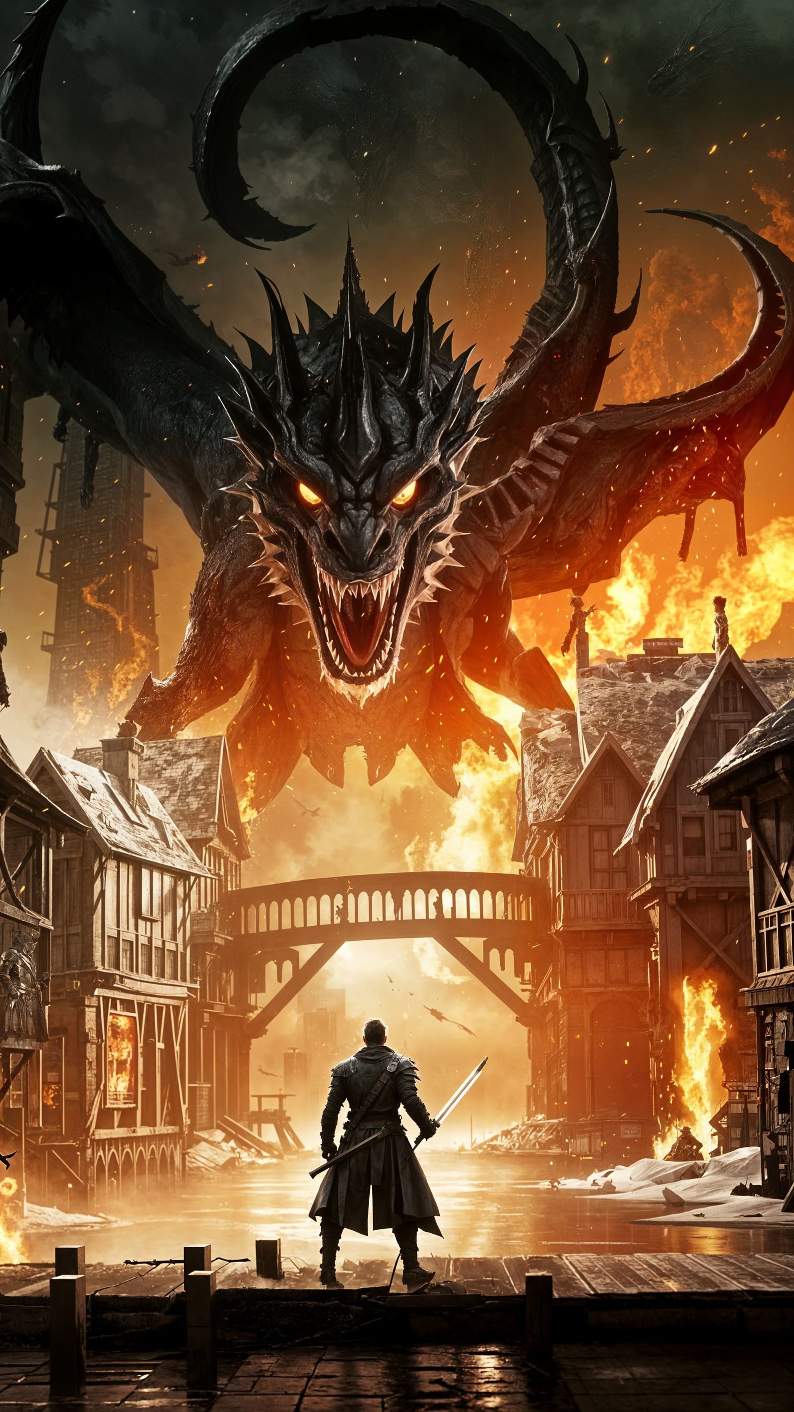 Epic Dragon Confrontation in a Burning Cityscape