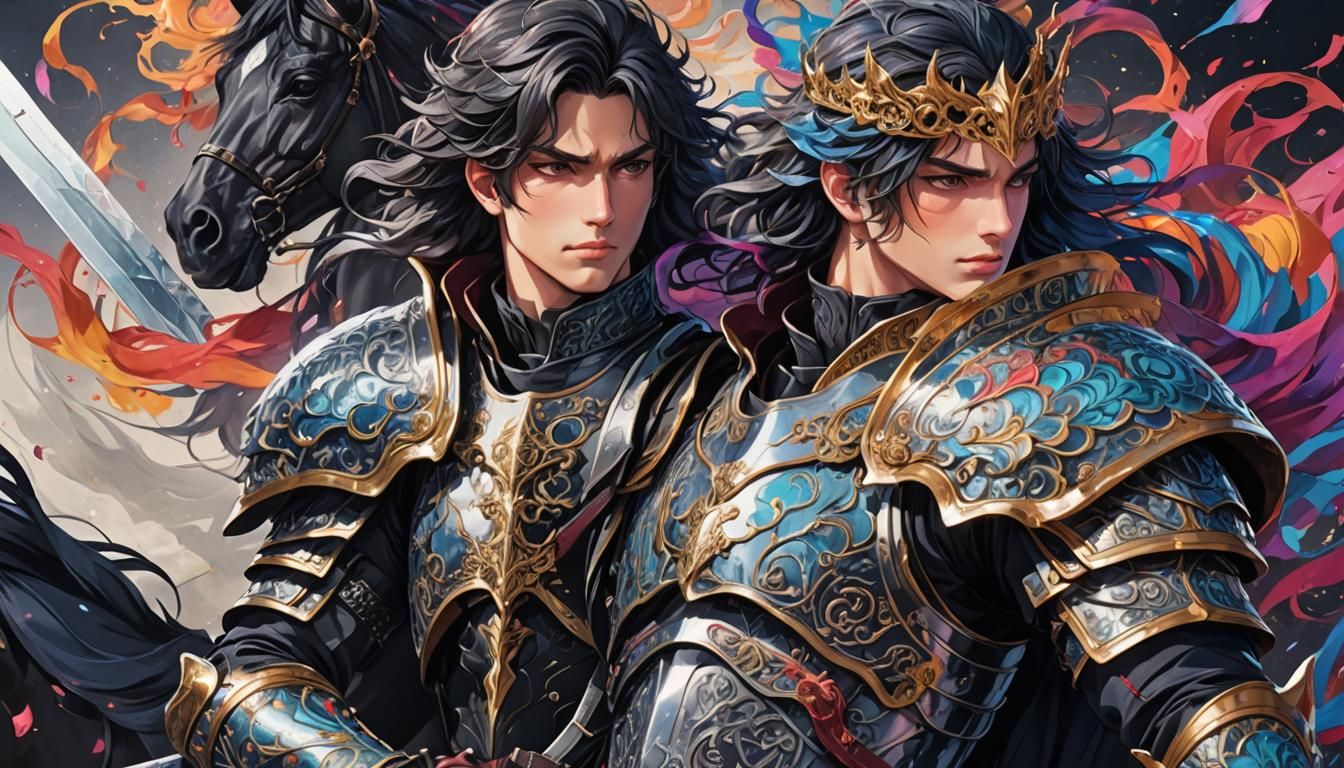 Anime Prince on Black Horse with Sword