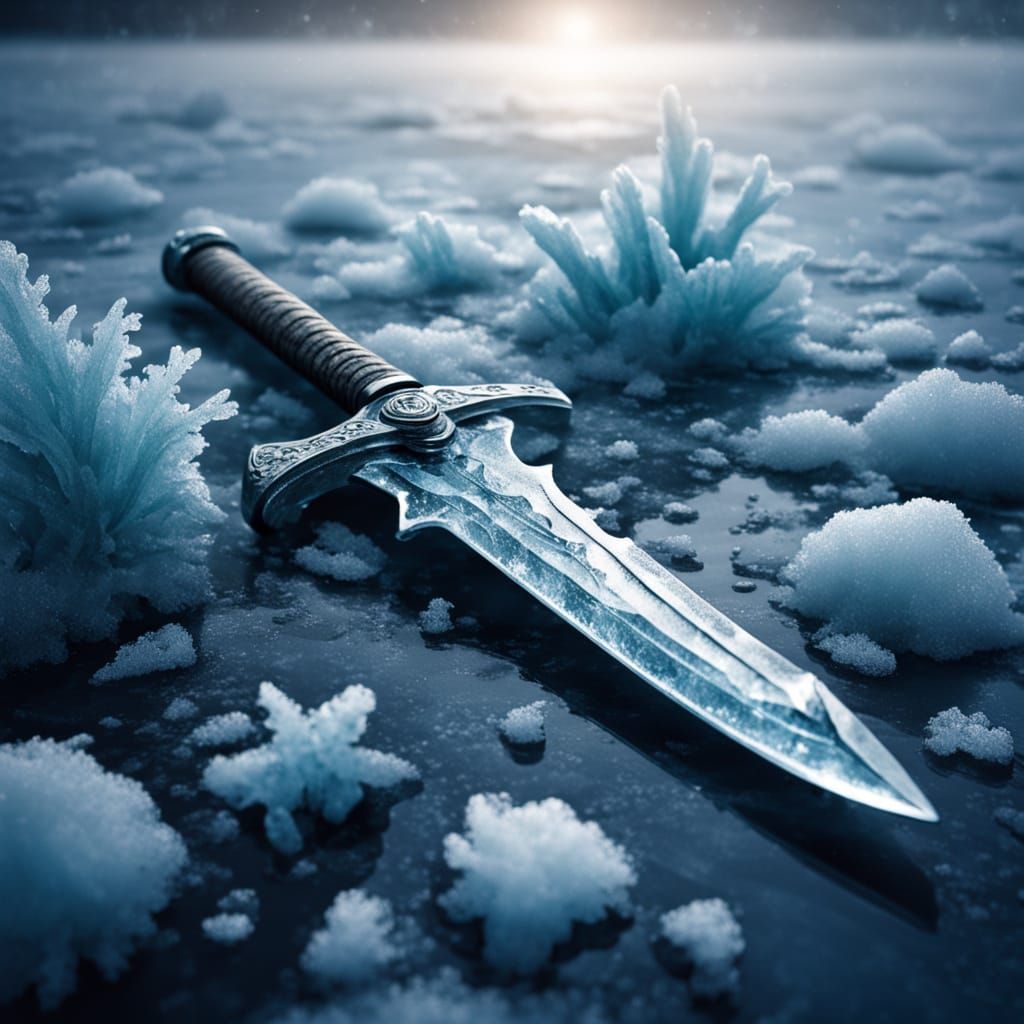 Crystal Sword on Frozen Lake in Hyper-Realistic Macro Photog...