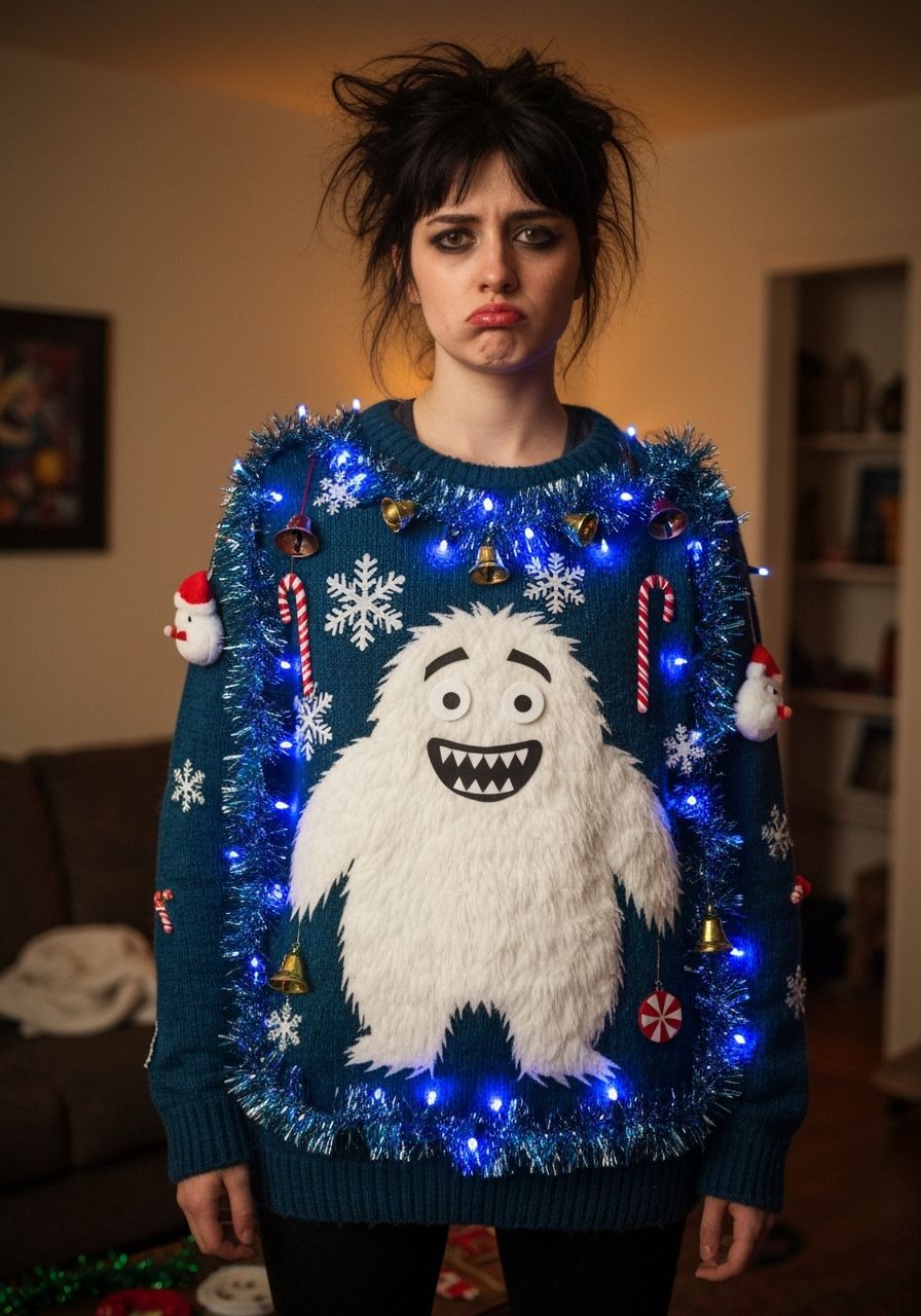 Awkward Woman in Ugly Christmas Sweater with Yeti