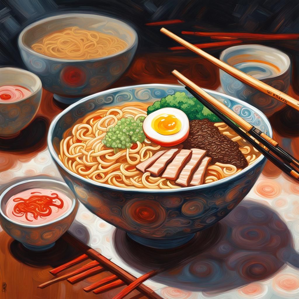 Ramen Noodles with Chopsticks in Gouache Style