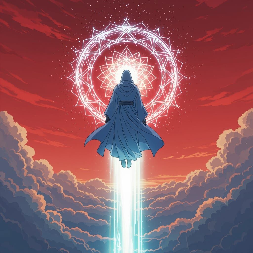 Ethereal Figure Descends on Beam of Light in Anime Style