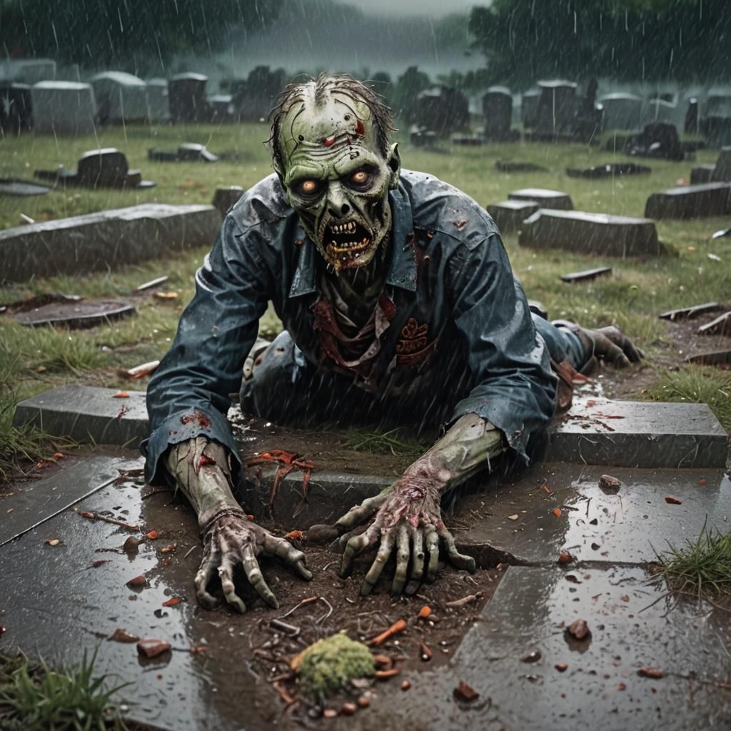 a close up of a zombie crawling out of a grave during a rain...