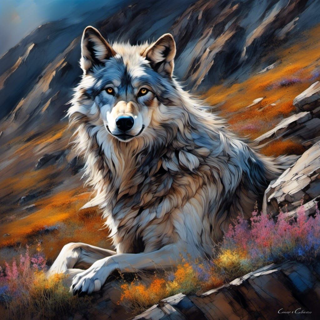 Grey Wolf Portrait at Night in Cavalaris Style