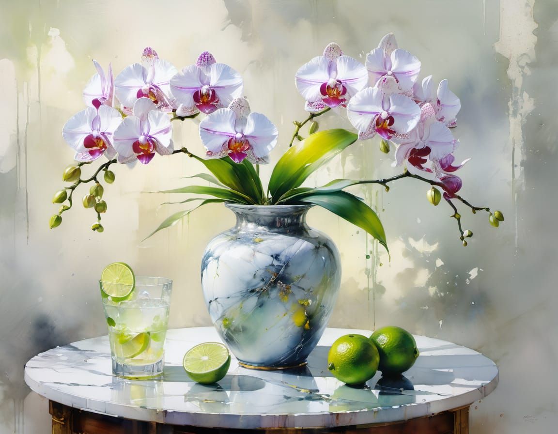 Marble Vase of Orchids in Morning Light Watercolor