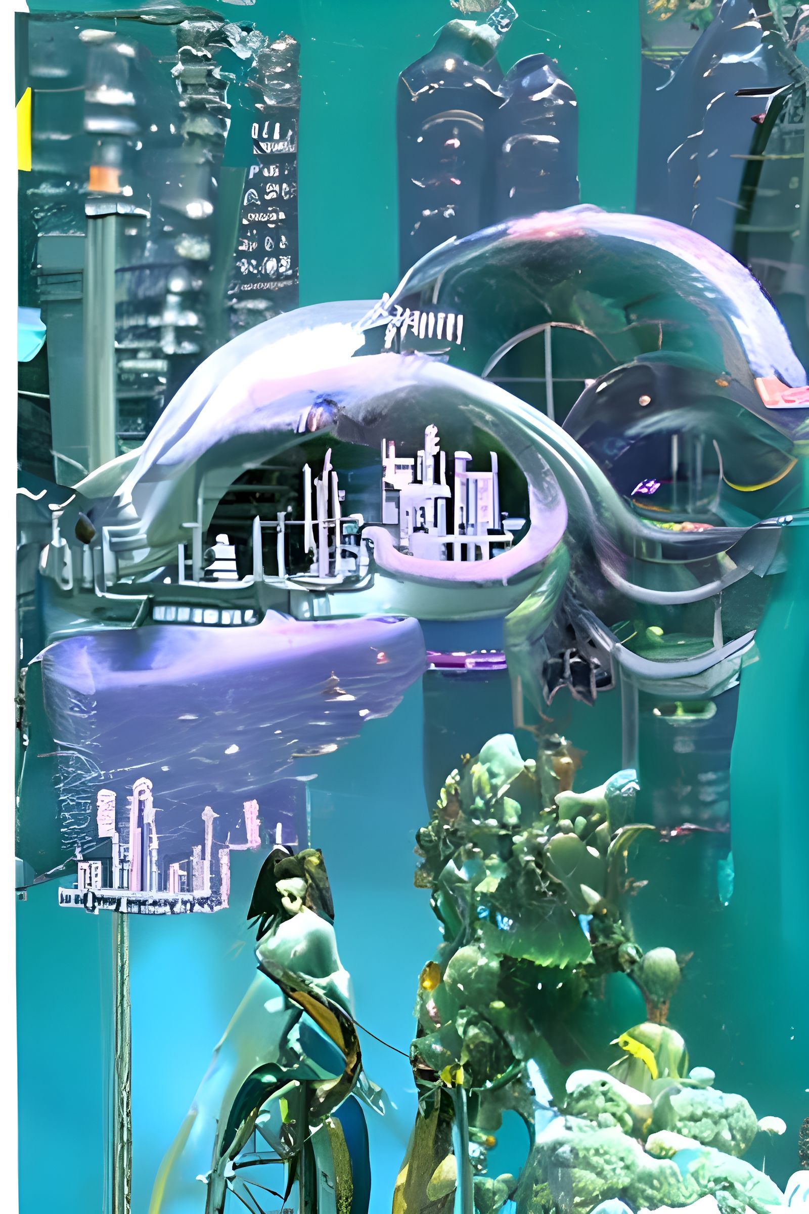 Retrofuturistic Underwater City with Mermaid in Cyberpunk St...